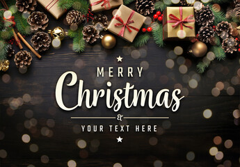 Christmas Card With Decorations On Dark Wooden Background Mockup. Generative Ai