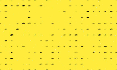 Seamless background pattern of evenly spaced black sport car symbols of different sizes and opacity. Vector illustration on yellow background with stars