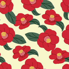 Seamless pattern of red flower, green leaves on yellow pastel background, Vintage floral background, Pattern for design wallpaper, gift wrap paper and fashion prints.
