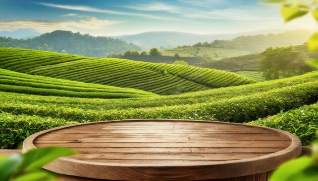 Circle wooden table top with blurred tea plantation landscape against blue sky and blurred green leaf frame Product display natural background concept 