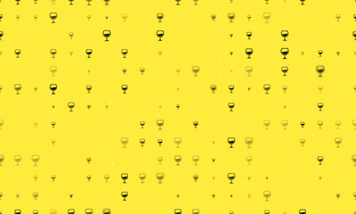 Seamless background pattern of evenly spaced black wineglass symbols of different sizes and opacity. Vector illustration on yellow background with stars