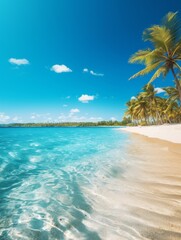 beach with white sand, blue sky and small waves. Panoramic view of the sea and sandy beach.