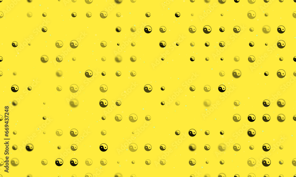 Poster Seamless background pattern of evenly spaced black yin yang symbols of different sizes and opacity. Vector illustration on yellow background with stars