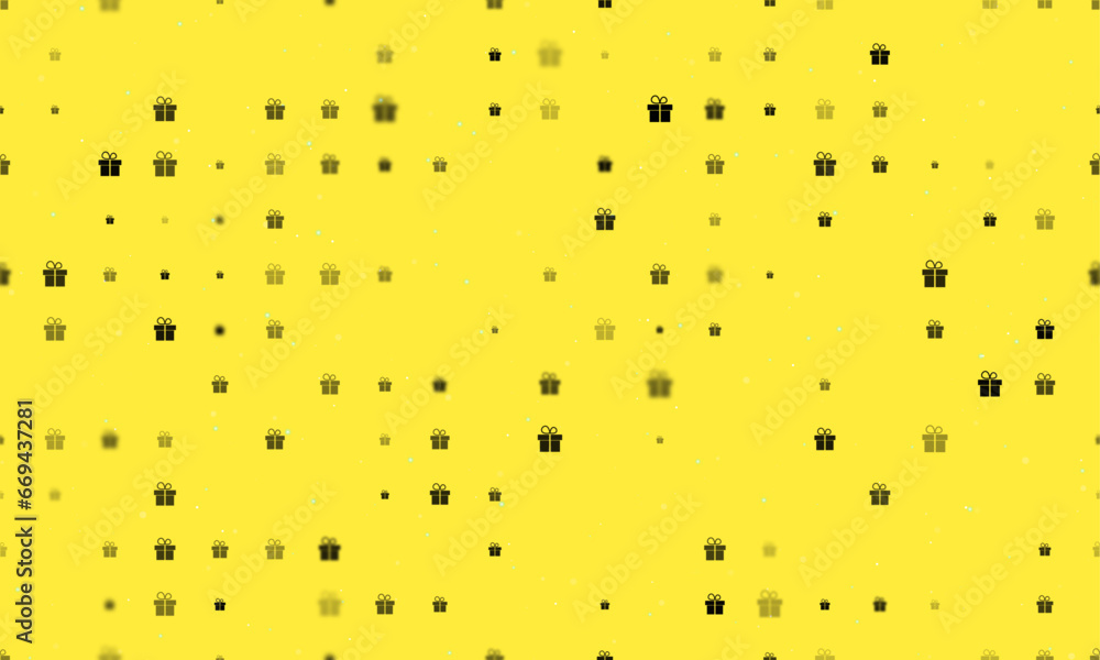 Poster seamless background pattern of evenly spaced black gift symbols of different sizes and opacity. vect