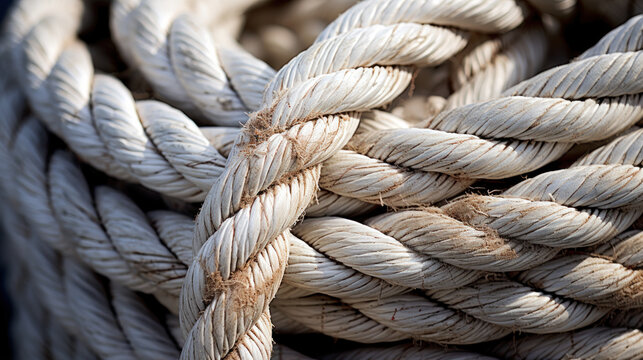 Nautical background. Closeup of an old frayed boat rope. Tonned image.