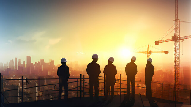 Silhouette of construction workers watching sunrise on top of skyscraper vector image