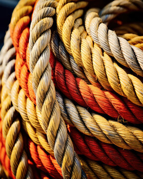 Nautical background. Closeup of an old frayed boat rope. Tonned image.