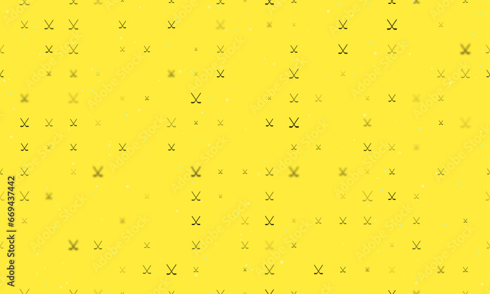 Poster Seamless background pattern of evenly spaced black hockey symbols of different sizes and opacity. Vector illustration on yellow background with stars