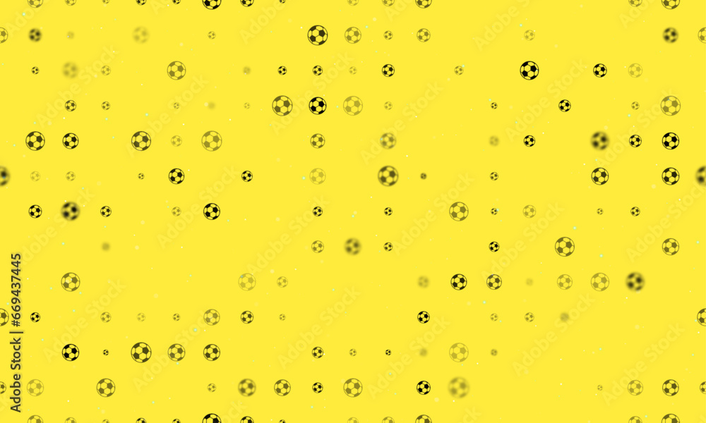 Poster seamless background pattern of evenly spaced black football symbols of different sizes and opacity. 