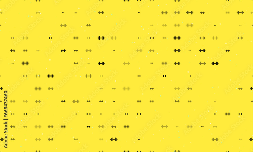 Poster seamless background pattern of evenly spaced black dumbbell symbols of different sizes and opacity. 