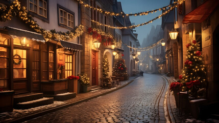 Street in a picturesque Christmas village, with traditional style houses lit up for Christmas. - obrazy, fototapety, plakaty