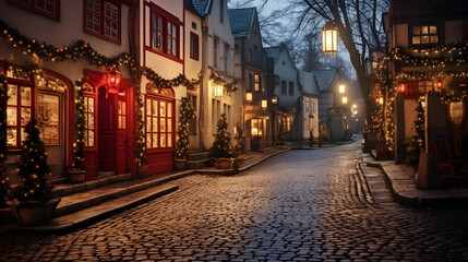 Cobbled street in a picturesque Christmas village, with traditional style houses lit up with lanterns and strings of lights.