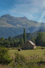 Small cabin in a green meadow amidst mountains