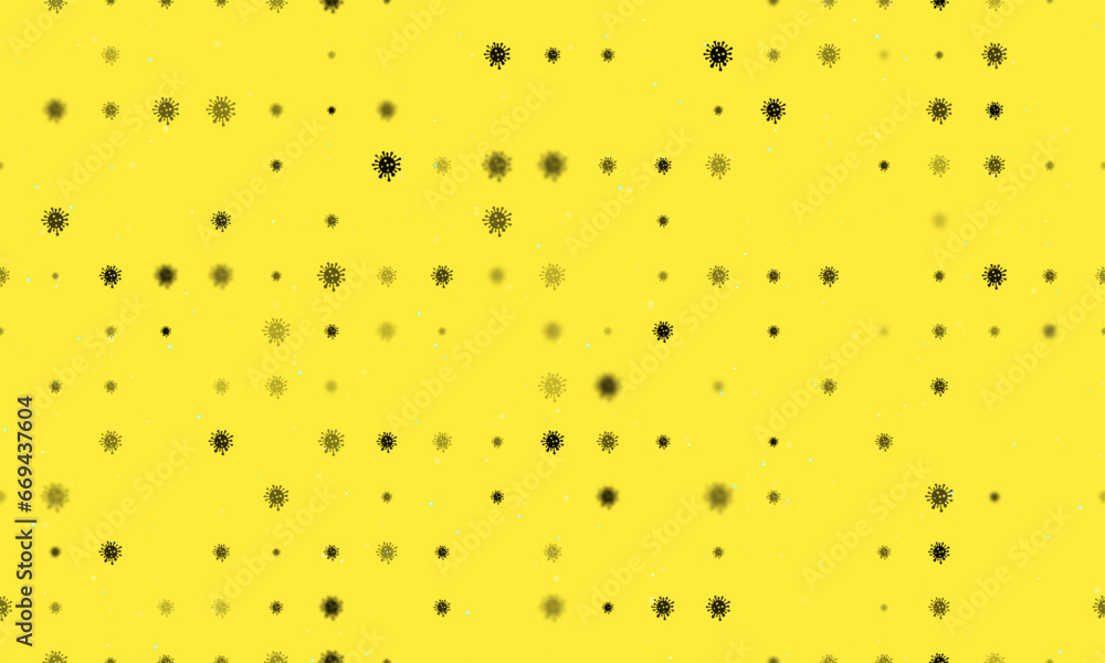 Poster seamless background pattern of evenly spaced black coronavirus symbols of different sizes and opacit