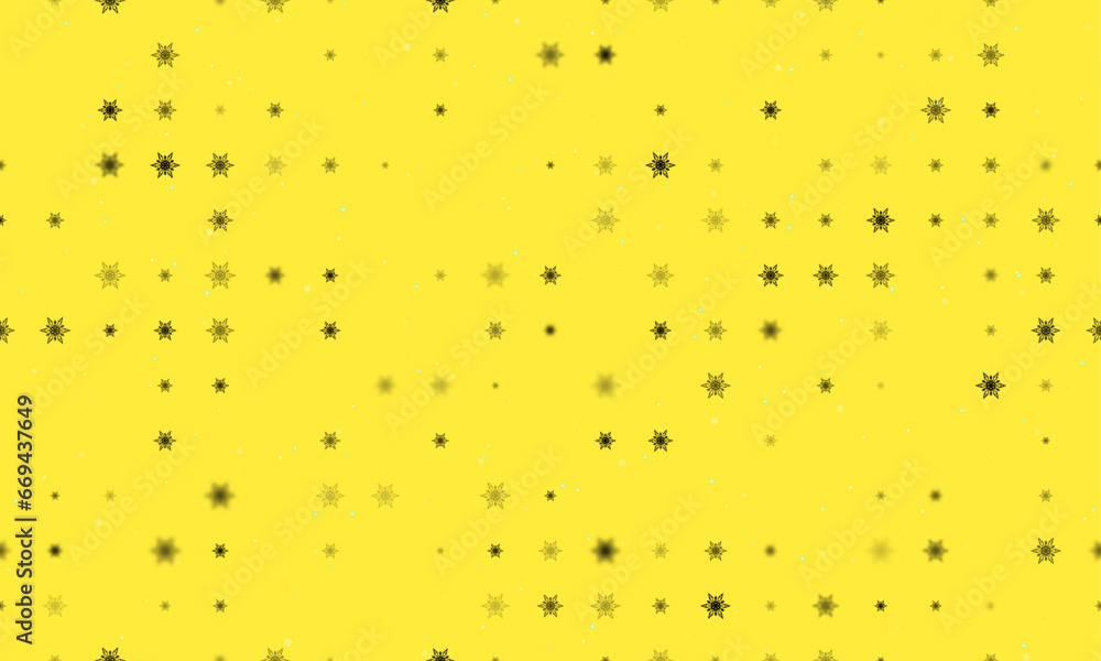 Poster seamless background pattern of evenly spaced black snowflakes of different sizes and opacity. vector