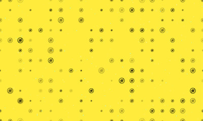 Seamless background pattern of evenly spaced black stop coronavirus symbols of different sizes and opacity. Vector illustration on yellow background with stars