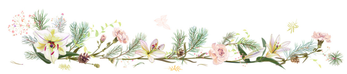 Horizontal panoramic border with pine branches, cones, needles, white lilies, and carnations flowers. Realistic digital Christmas tree in watercolor style. Botanical illustration for design, vector