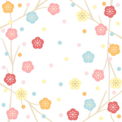 パステルカラーの可愛い梅の花と枝の和風イラストのカード　アスペクト比1：1バージョン