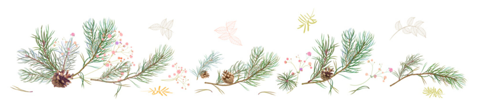 Horizontal panoramic border with pine branches, cones, needles, pink small flowers on white background. Realistic digital Christmas tree in watercolor style. Botanical illustration for design, vector