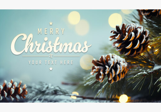Christmas Card With Tree Branches, Pine cones and Snow Mockup. Generative Ai 