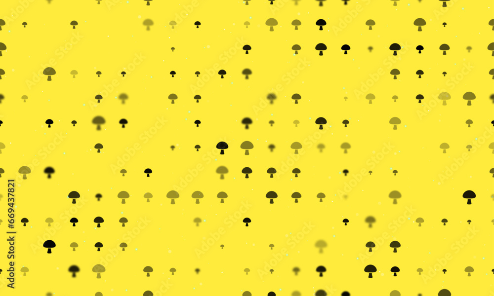 Poster seamless background pattern of evenly spaced black mushroom symbols of different sizes and opacity. 
