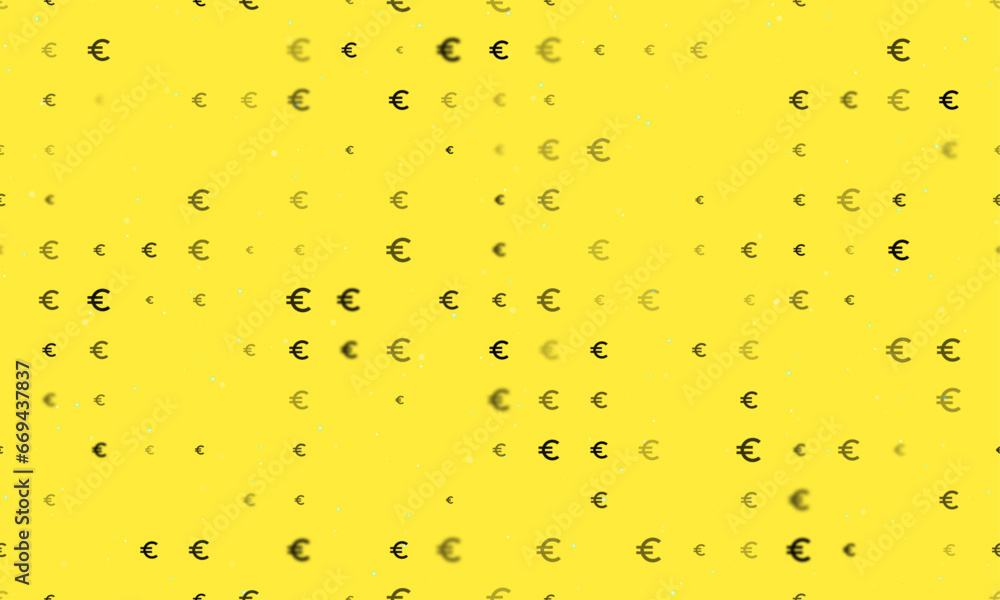 Poster Seamless background pattern of evenly spaced black euro symbols of different sizes and opacity. Vector illustration on yellow background with stars