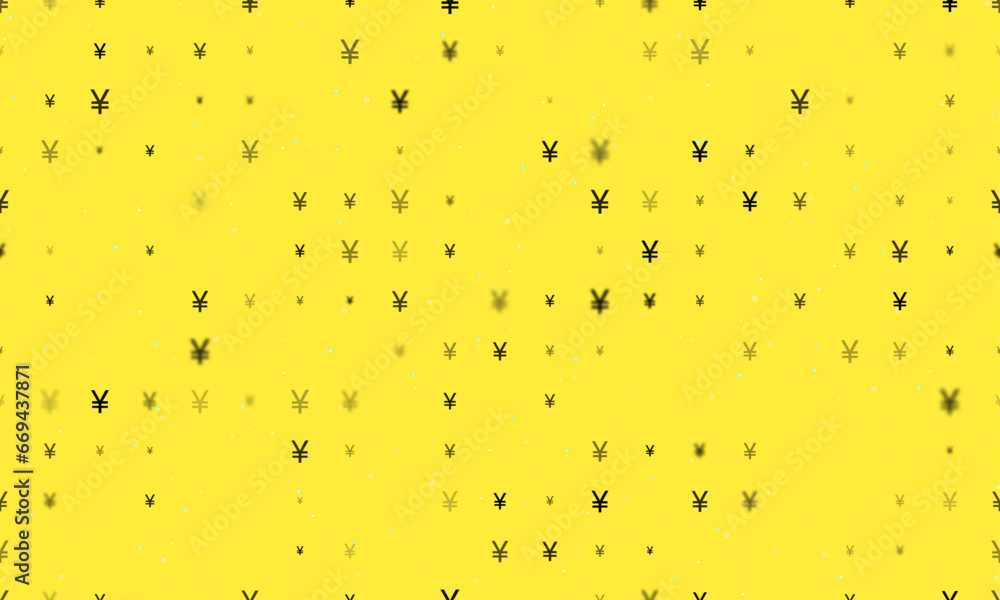 Poster Seamless background pattern of evenly spaced black yuan symbols of different sizes and opacity. Vector illustration on yellow background with stars