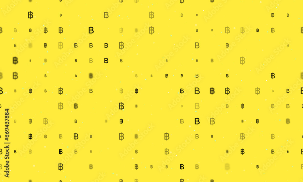 Poster seamless background pattern of evenly spaced black thai baht symbols of different sizes and opacity.