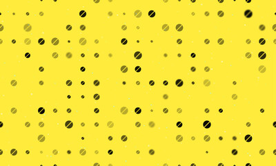 Seamless background pattern of evenly spaced black pill symbols of different sizes and opacity. Vector illustration on yellow background with stars