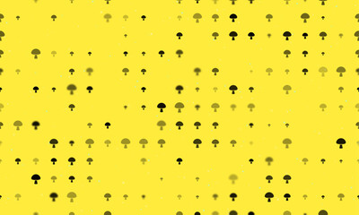 Seamless background pattern of evenly spaced black mushroom symbols of different sizes and opacity. Vector illustration on yellow background with stars