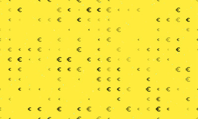 Seamless background pattern of evenly spaced black euro symbols of different sizes and opacity. Vector illustration on yellow background with stars