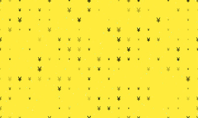 Seamless background pattern of evenly spaced black yuan symbols of different sizes and opacity. Vector illustration on yellow background with stars