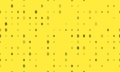 Seamless background pattern of evenly spaced black thai baht symbols of different sizes and opacity. Vector illustration on yellow background with stars