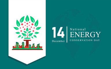 design commemorating national energy conservation day. December 14. green trees and buildings