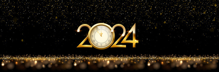 2024 Happy New Year clock countdown background. Gold glitter shining in light with sparkles abstract celebration. Greeting festive card vector illustration. Merry holiday poster or wallpaper design - obrazy, fototapety, plakaty