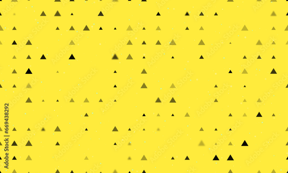 Poster seamless background pattern of evenly spaced black triangle symbols of different sizes and opacity. 