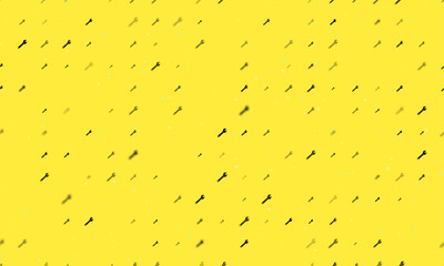 Seamless background pattern of evenly spaced black adjustable wrench symbols of different sizes and opacity. Vector illustration on yellow background with stars