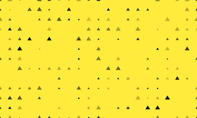 Seamless background pattern of evenly spaced black triangle symbols of different sizes and opacity. Vector illustration on yellow background with stars