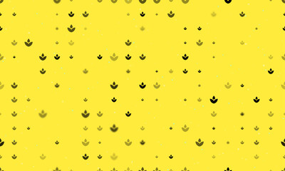 Seamless background pattern of evenly spaced black water lily symbols of different sizes and opacity. Vector illustration on yellow background with stars