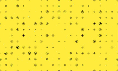Seamless background pattern of evenly spaced black crosshair symbols of different sizes and opacity. Vector illustration on yellow background with stars
