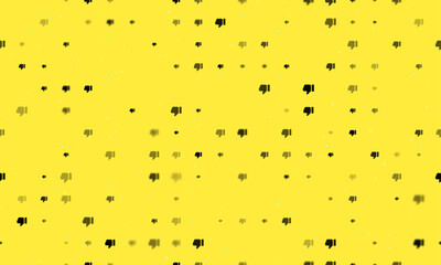 Seamless background pattern of evenly spaced black thumb down symbols of different sizes and opacity. Vector illustration on yellow background with stars