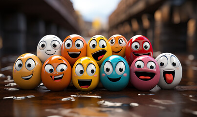 Colored emotional emoticons on a blurred background.