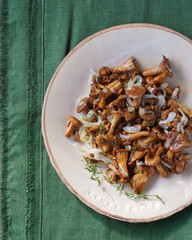 Chanterelle mushrooms on a ceramic plate on a green background