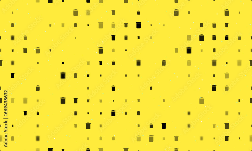 Poster seamless background pattern of evenly spaced black trash symbols of different sizes and opacity. vec