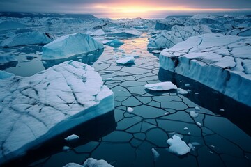 A melting Arctic glacier with ice breaking into the sea, its surface cracked and crevassed. Generative AI