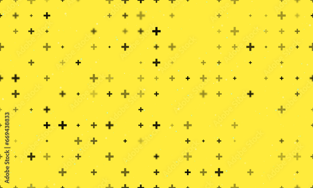 Poster seamless background pattern of evenly spaced black plus symbols of different sizes and opacity. vect
