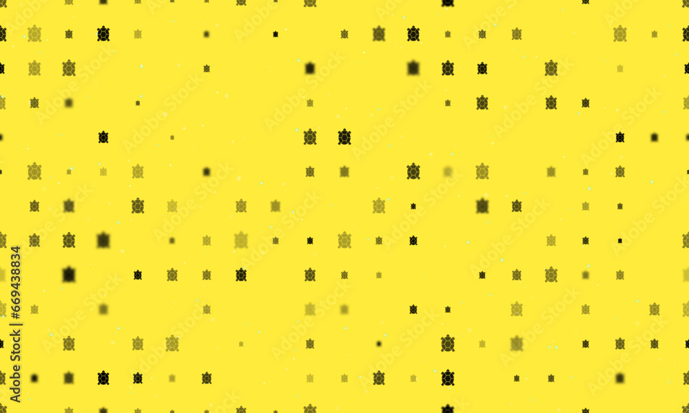 Poster seamless background pattern of evenly spaced black turtle symbols of different sizes and opacity. ve