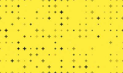 Seamless background pattern of evenly spaced black plus symbols of different sizes and opacity. Vector illustration on yellow background with stars