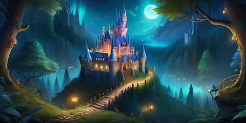 Fantasy Landscape Game Art, Creepy night in dark medieval castle, scary atmosphere for Halloween holiday background concept -