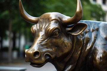 A monument of a bronze bull in the center of the street as a symbol of the stock market. AI...